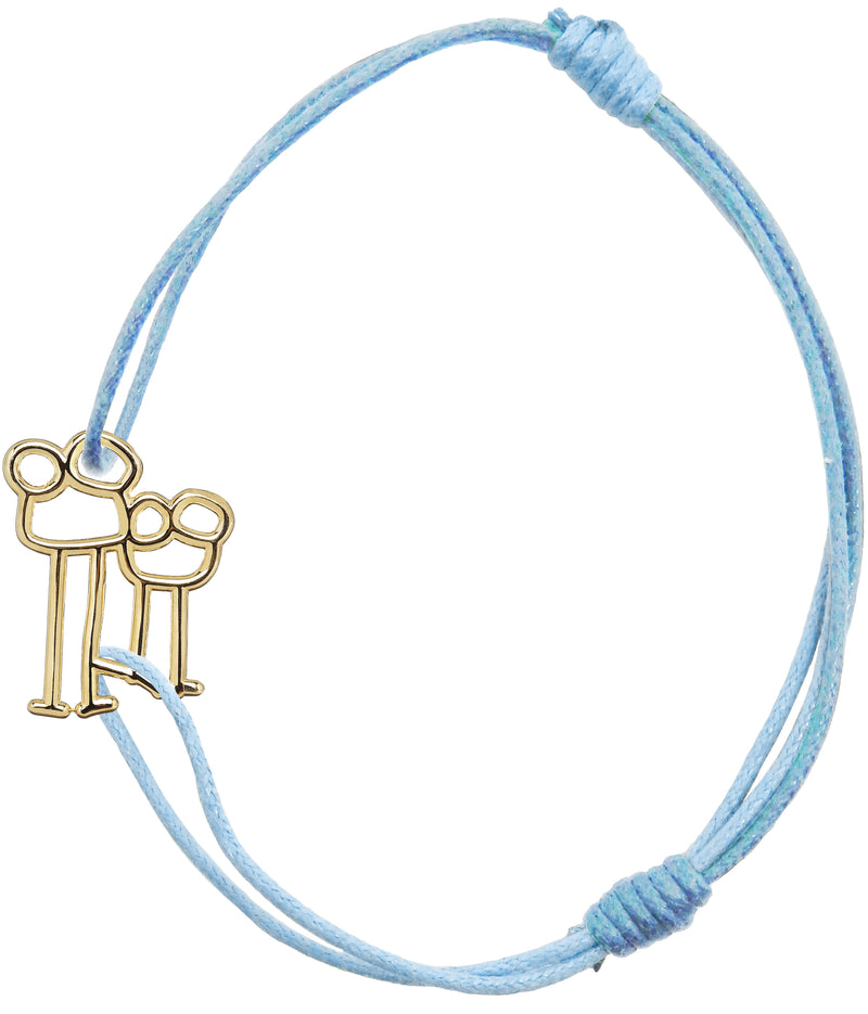 Sky blue cord bracelet with family shaped gold pendant