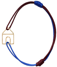 Load image into Gallery viewer, Blue and burgundy cord bracelet with gold house shaped pendant
