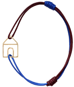 Blue and burgundy cord bracelet with gold house shaped pendant