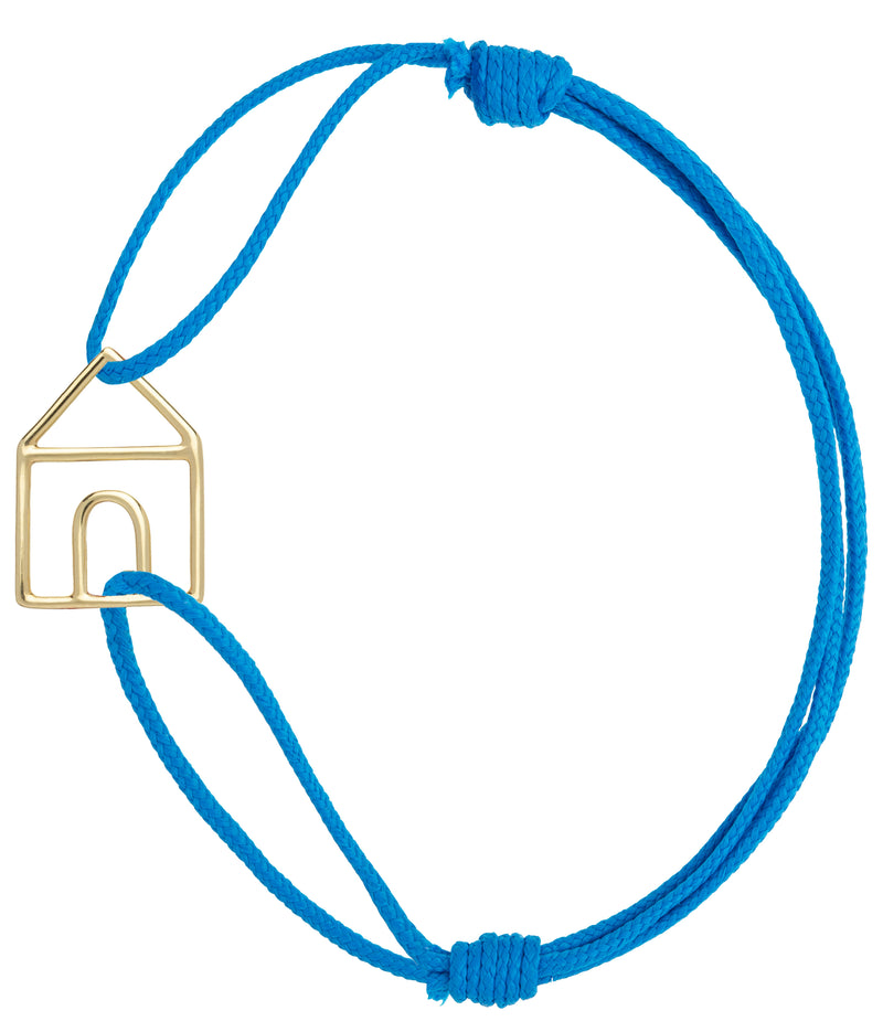 Bright blue eco cord bracelet with a little house shaped gold pendant