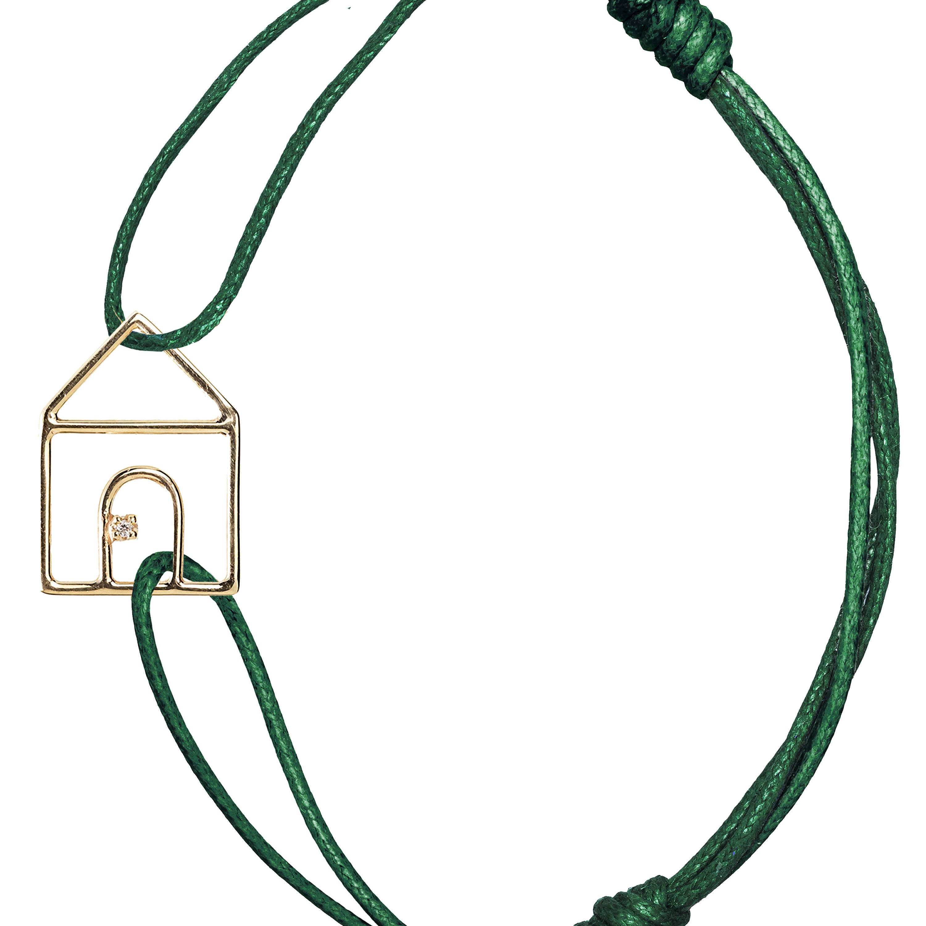 Bottle green cord bracelet with gold house shaped pendant with small diamond