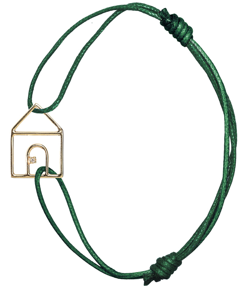 Bottle green cord bracelet with gold house shaped pendant with small diamond