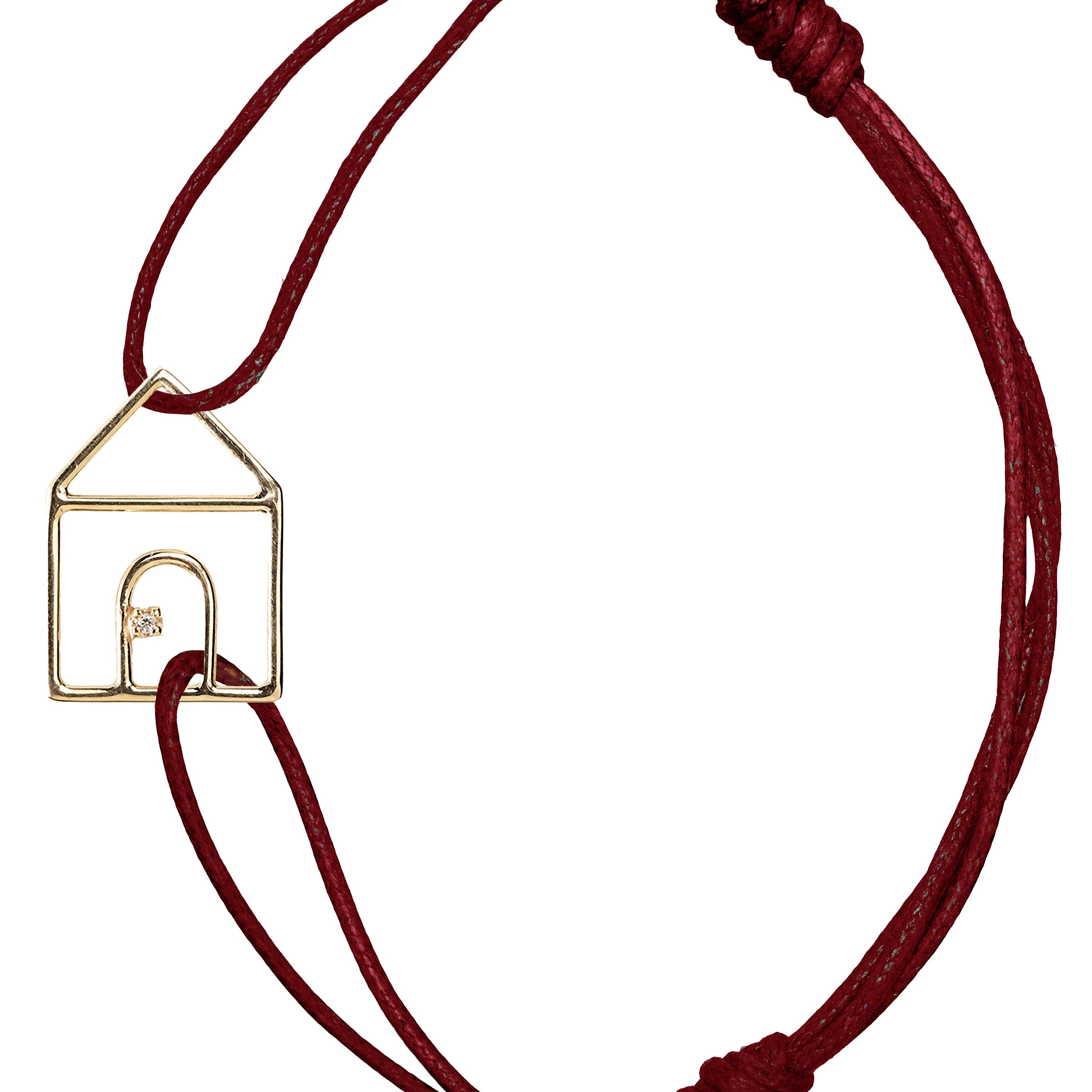 Burgundy cord bracelet with gold house shaped pendant with small diamond