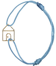 Load image into Gallery viewer, Sky blue cord bracelet with gold house shaped pendant with small diamond
