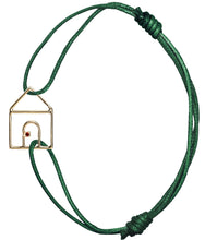 Load image into Gallery viewer, Bottle green cord bracelet with gold house shaped pendant and small ruby
