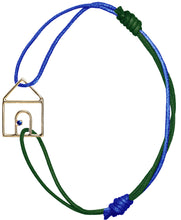 Load image into Gallery viewer, Blue and bottle green cord bracelet with gold house shaped pendant and small blue sapphire
