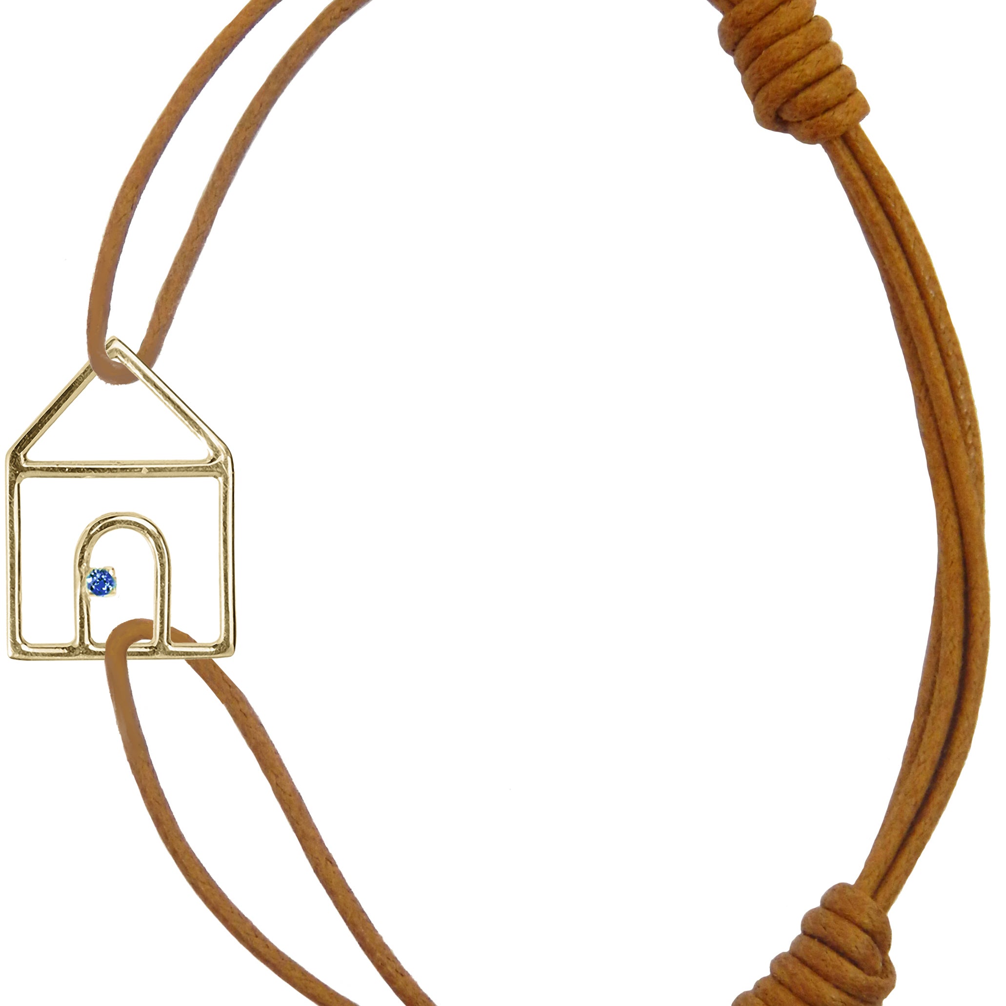 Brown cord bracelet with gold house shaped pendant and small blue sapphire