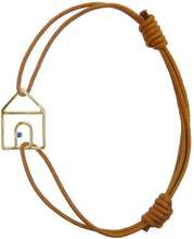 Load image into Gallery viewer, Brown cord bracelet with gold house shaped pendant and small blue sapphire
