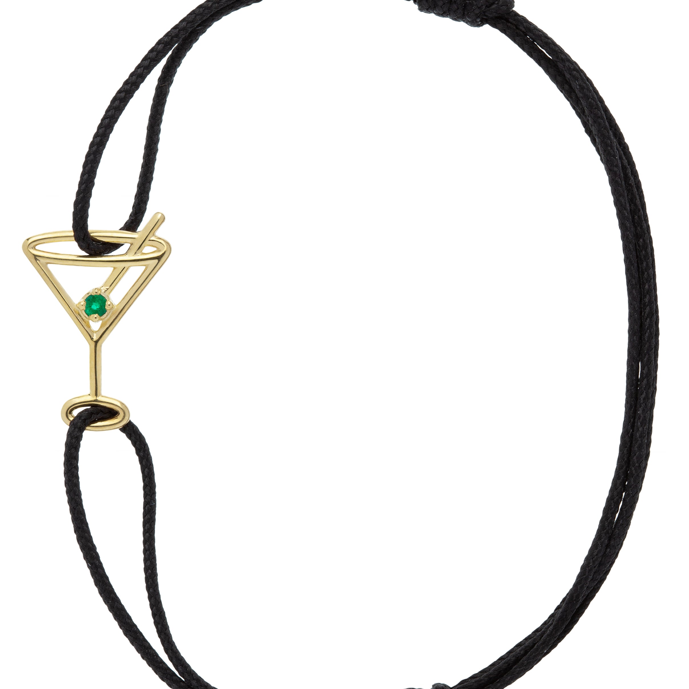 Black eco cord bracelet with a martini drink shaped gold pendant with an small emerald