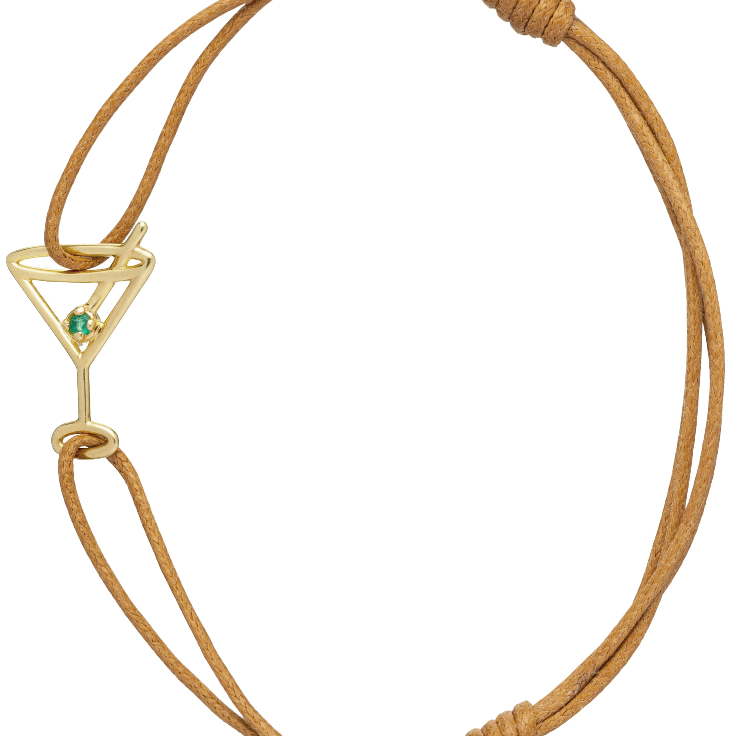 Brown cord bracelet with martini drink shaped pendant and small emerald
