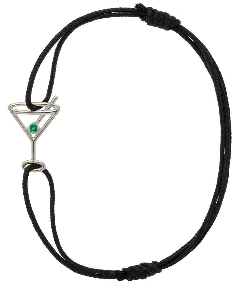 Black eco cord bracelet with white gold martini drink shaped pendant and small emerald