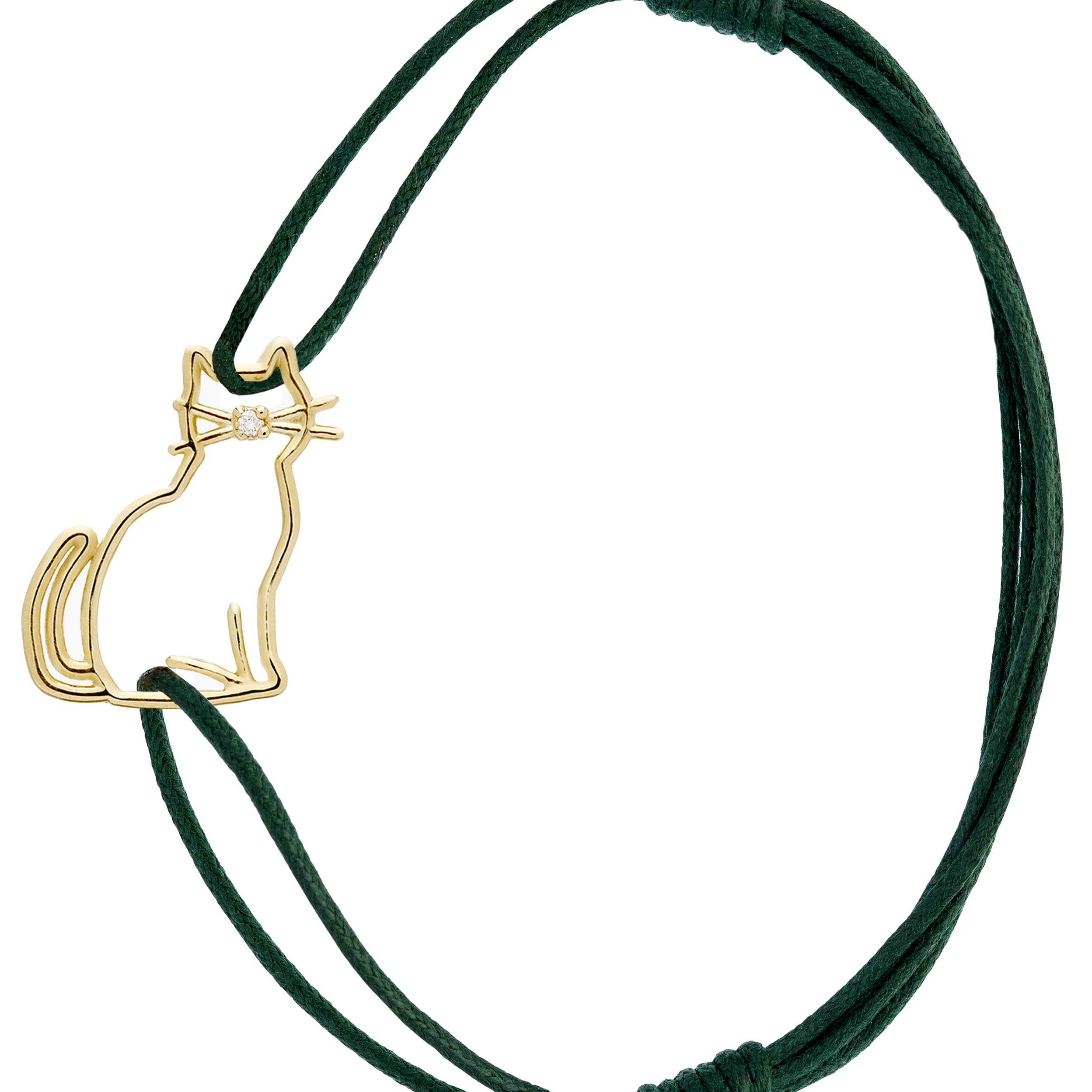 Bottle green cord bracelet with a seated cat shaped gold pendant with a small diamond nose