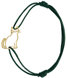 Bottle green cord bracelet with a seated cat shaped gold pendant with a small diamond nose