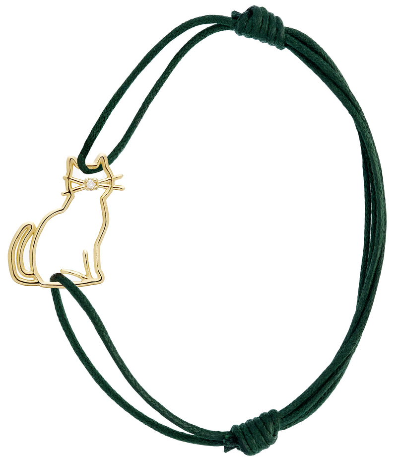 Bottle green cord bracelet with a seated cat shaped gold pendant with a small diamond nose
