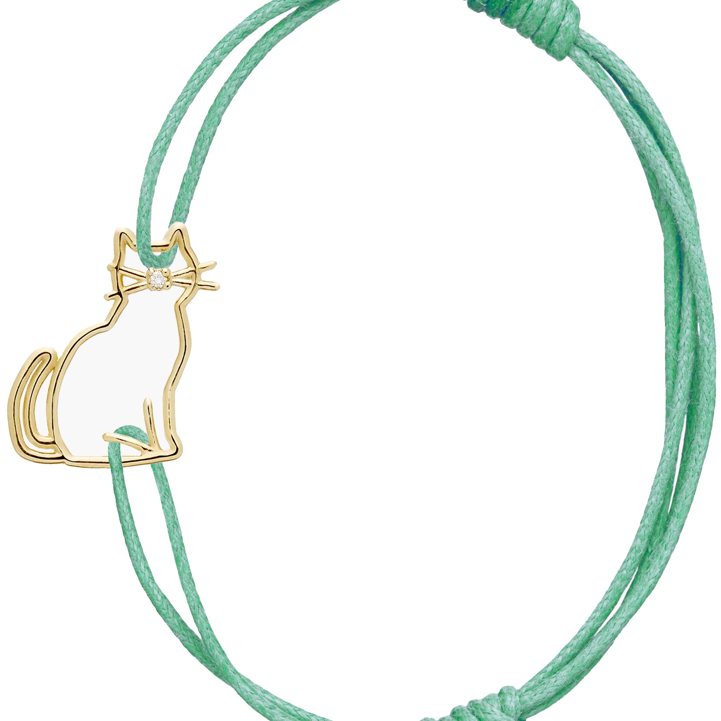 Mint green cord bracelet with a seated cat shaped gold pendant with a small diamond nose