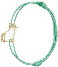 Load image into Gallery viewer, Mint green cord bracelet with a seated cat shaped gold pendant with a small diamond nose
