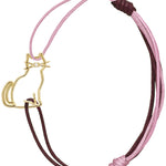 Pink and burgundy cord bracelet with a seated cat shaped gold pendant with a small diamond nose