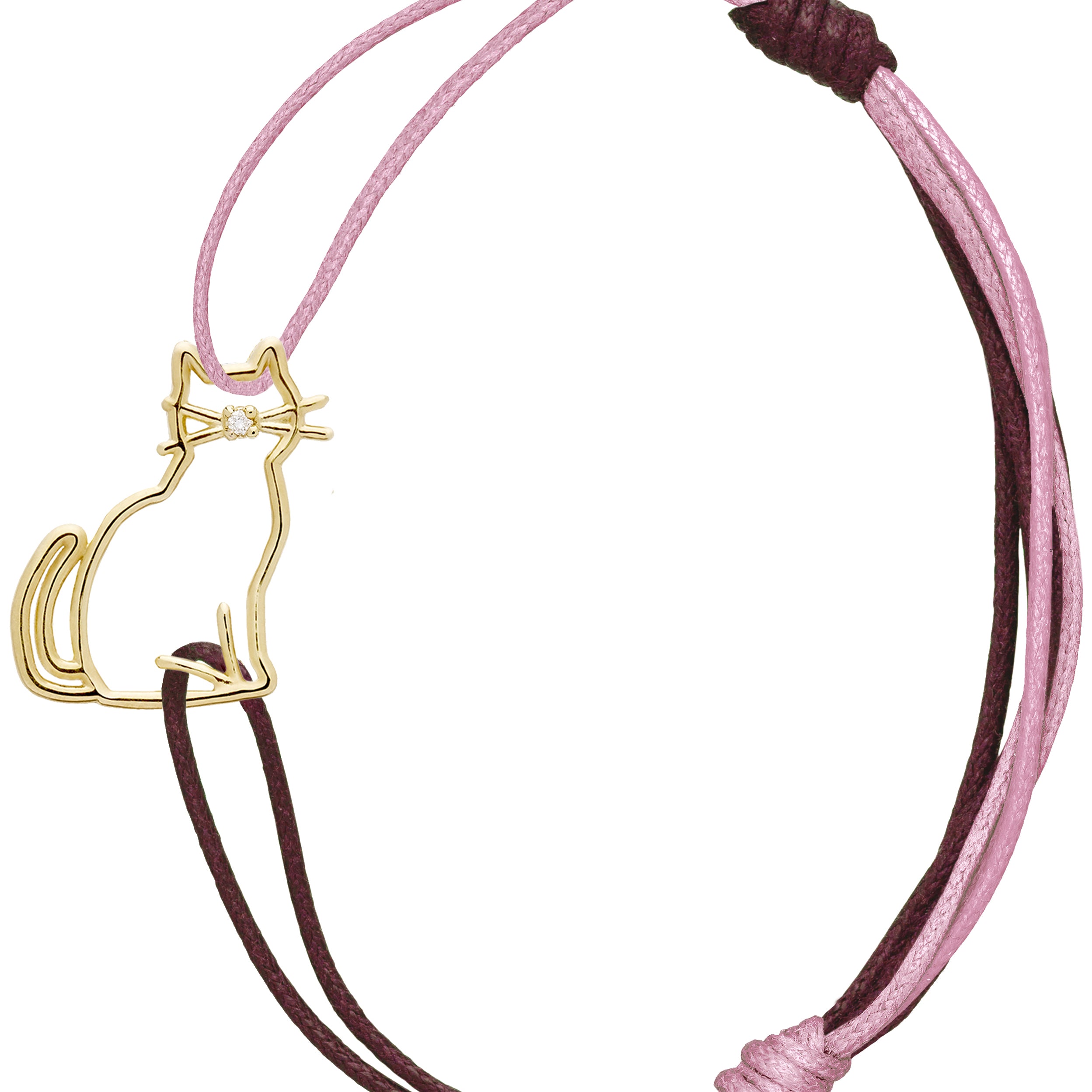 Pink and burgundy cord bracelet with a seated cat shaped gold pendant with a small diamond nose