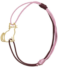 Load image into Gallery viewer, Pink and burgundy cord bracelet with a seated cat shaped gold pendant with a small diamond nose
