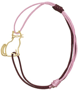 Pink and burgundy cord bracelet with a seated cat shaped gold pendant with a small diamond nose