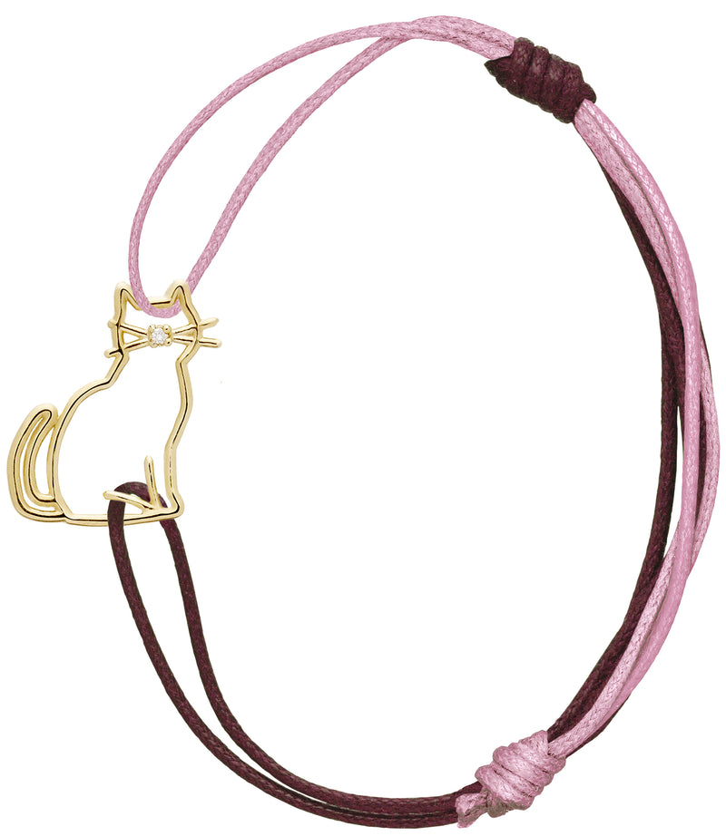 Pink and burgundy cord bracelet with a seated cat shaped gold pendant with a small diamond nose