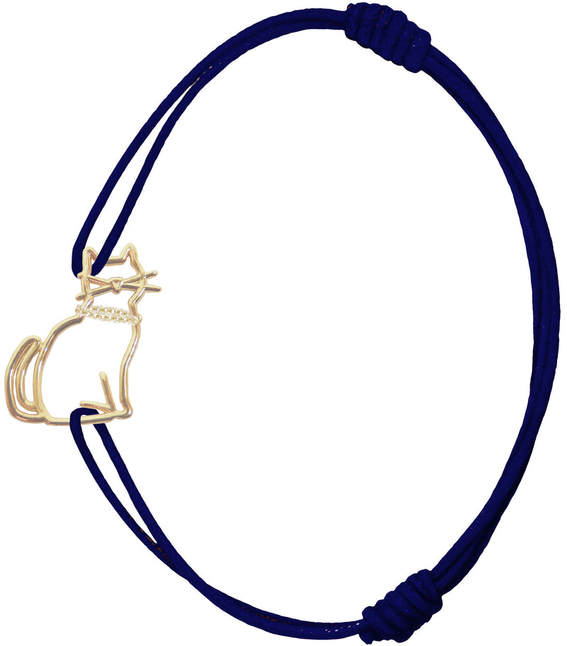 Midnight blue cord bracelet with gold seated cat shaped pendant