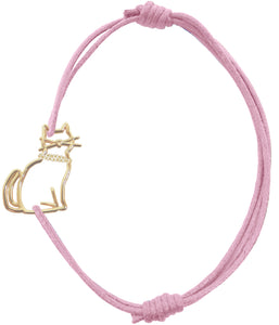 Pink cord bracelet with gold seated cat shaped pendant