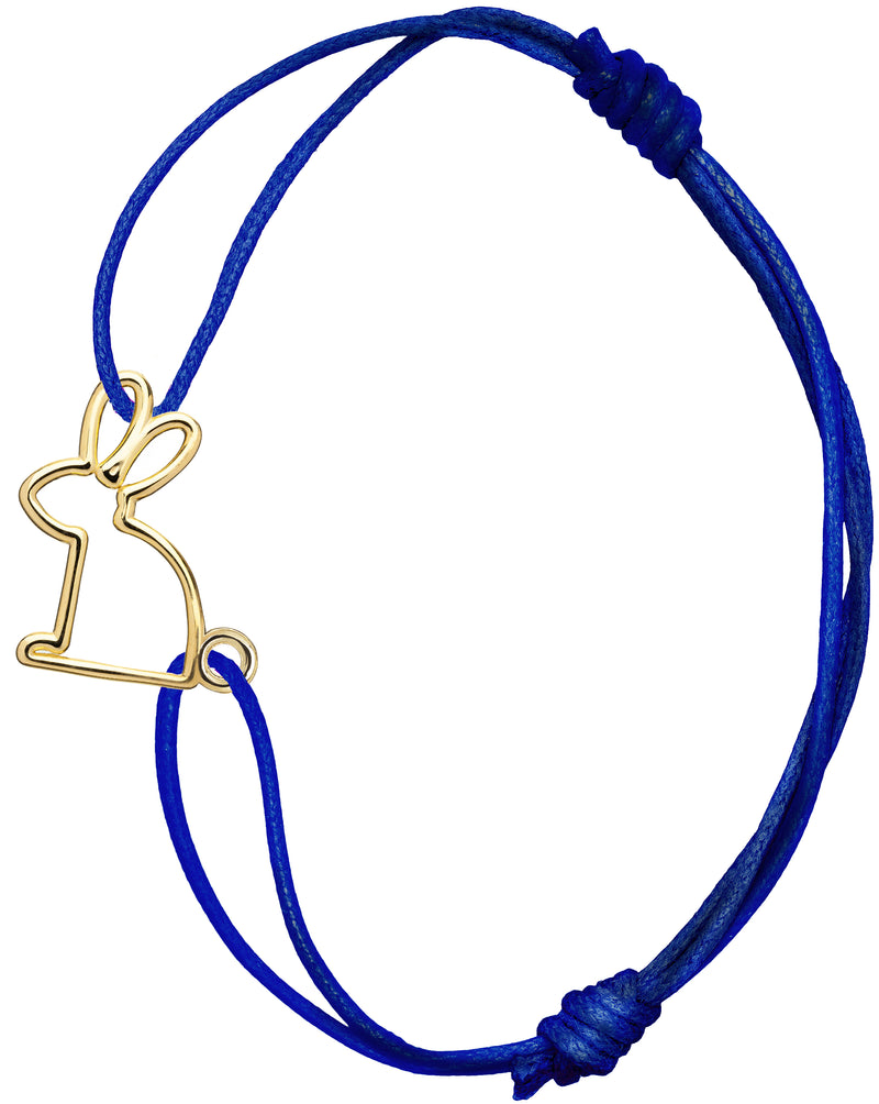 Blue cord bracelet with gold rabbit shaped pendant