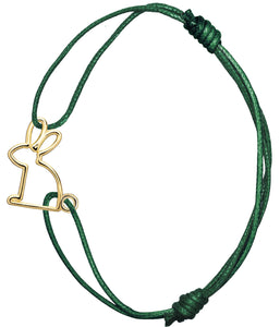 Bottle green cord bracelet with gold rabbit shaped pendant