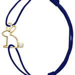 Blue cord bracelet with gold rabbit shaped pendant with pearl