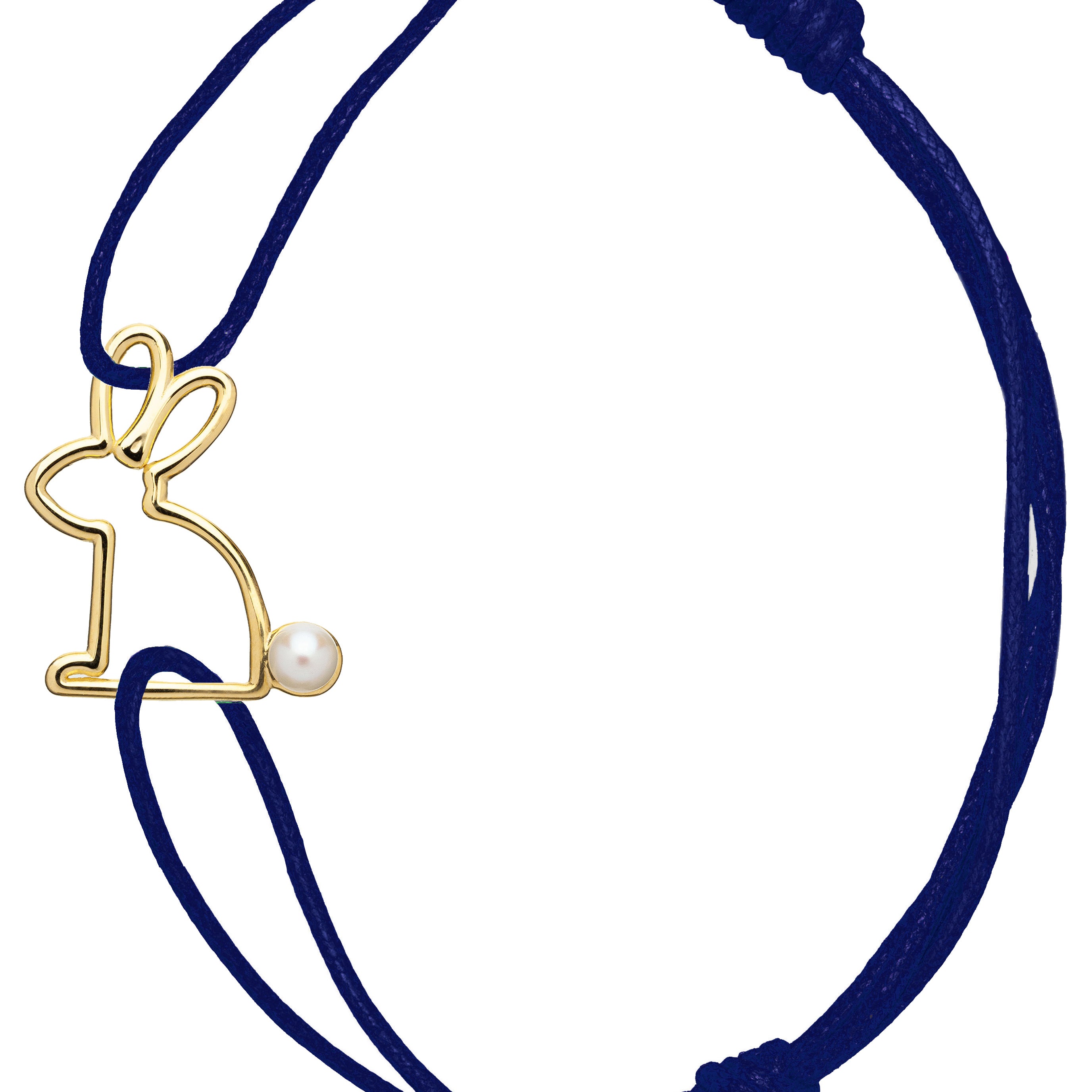 Blue cord bracelet with gold rabbit shaped pendant with pearl