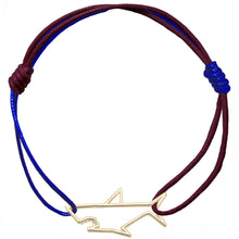 Load image into Gallery viewer, Burgundy and blue cord bracelet with gold shark shaped pendant
