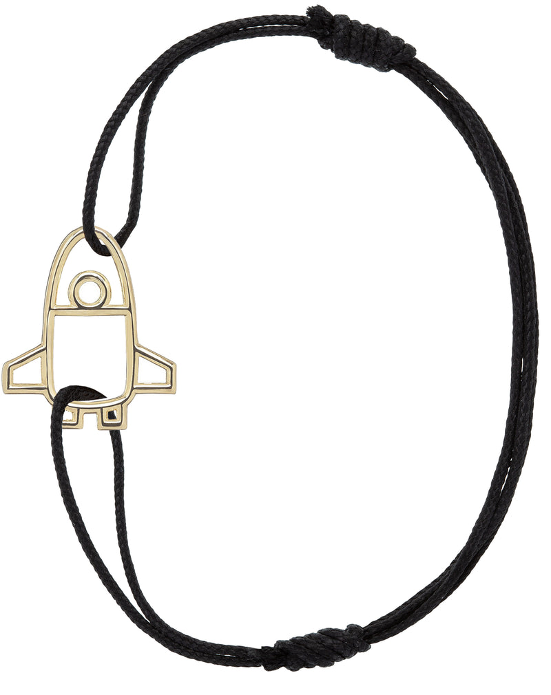 Black eco cord bracelet with gold space shuttle shaped pendant