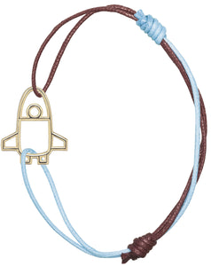 Sky blue and burgundy cord bracelet with gold space shuttle shaped pendant