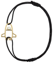 Load image into Gallery viewer, Black eco cord bracelet with gold space shuttle pendant with pearl
