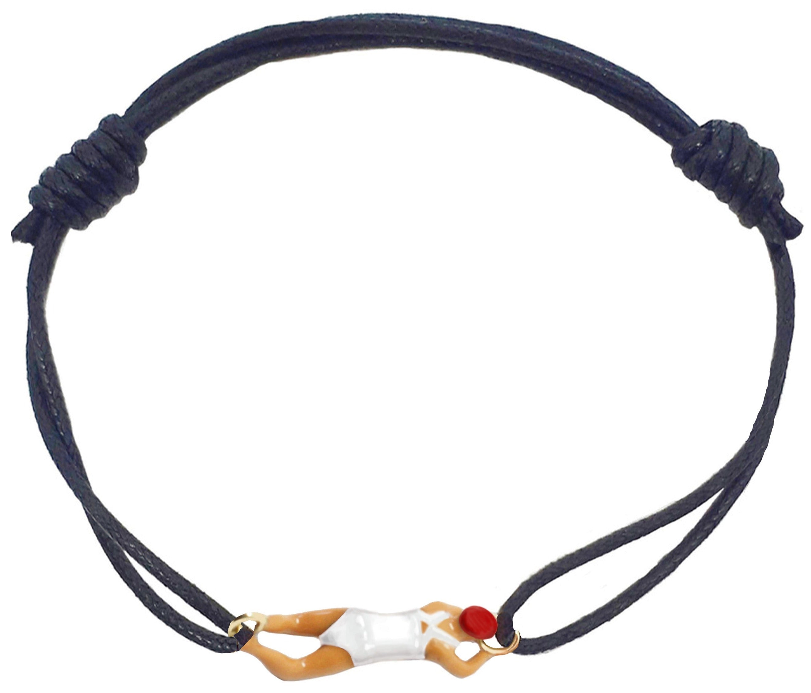 Midnight blue cord bracelet with gold swimmer pendant with white enamel swimsuit