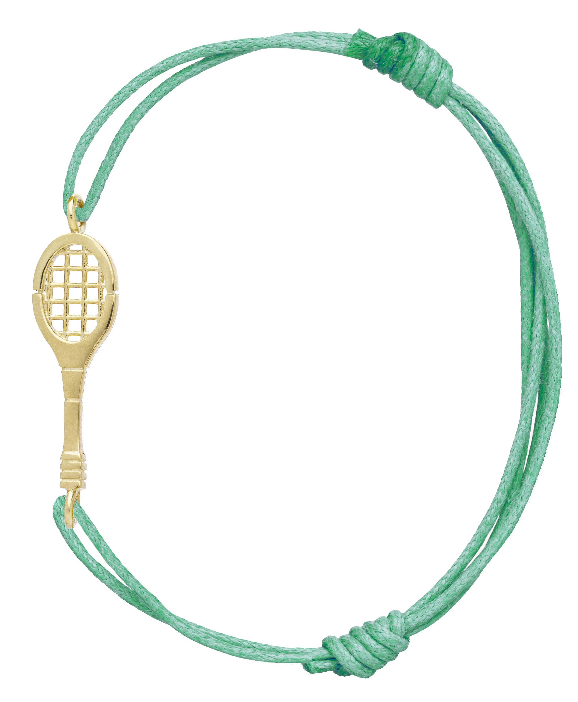 Green cord bracelet with a tennis racquet shaped gold pendant