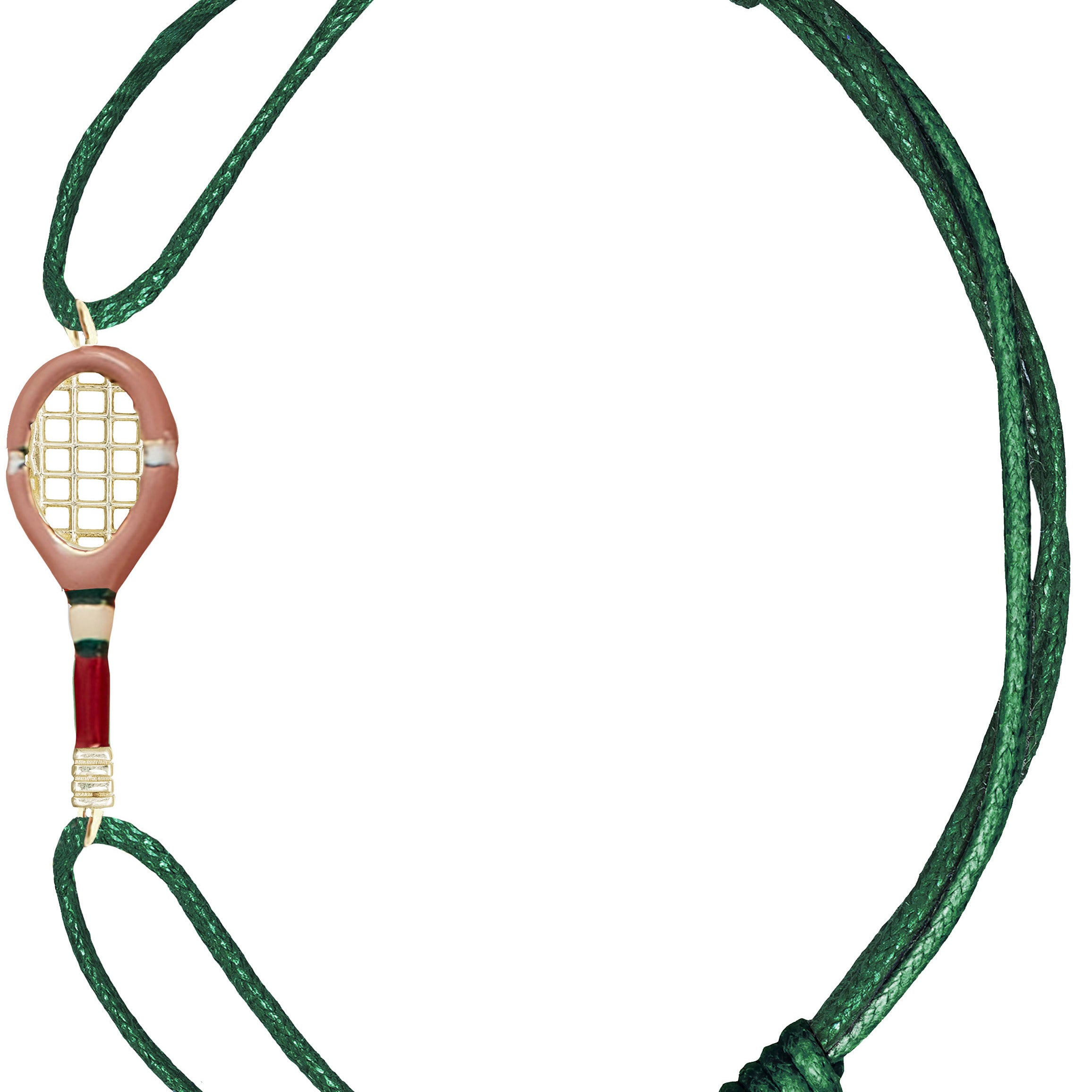 Bottle green cord bracelet with pink tennis racquet shaped gold pendant 