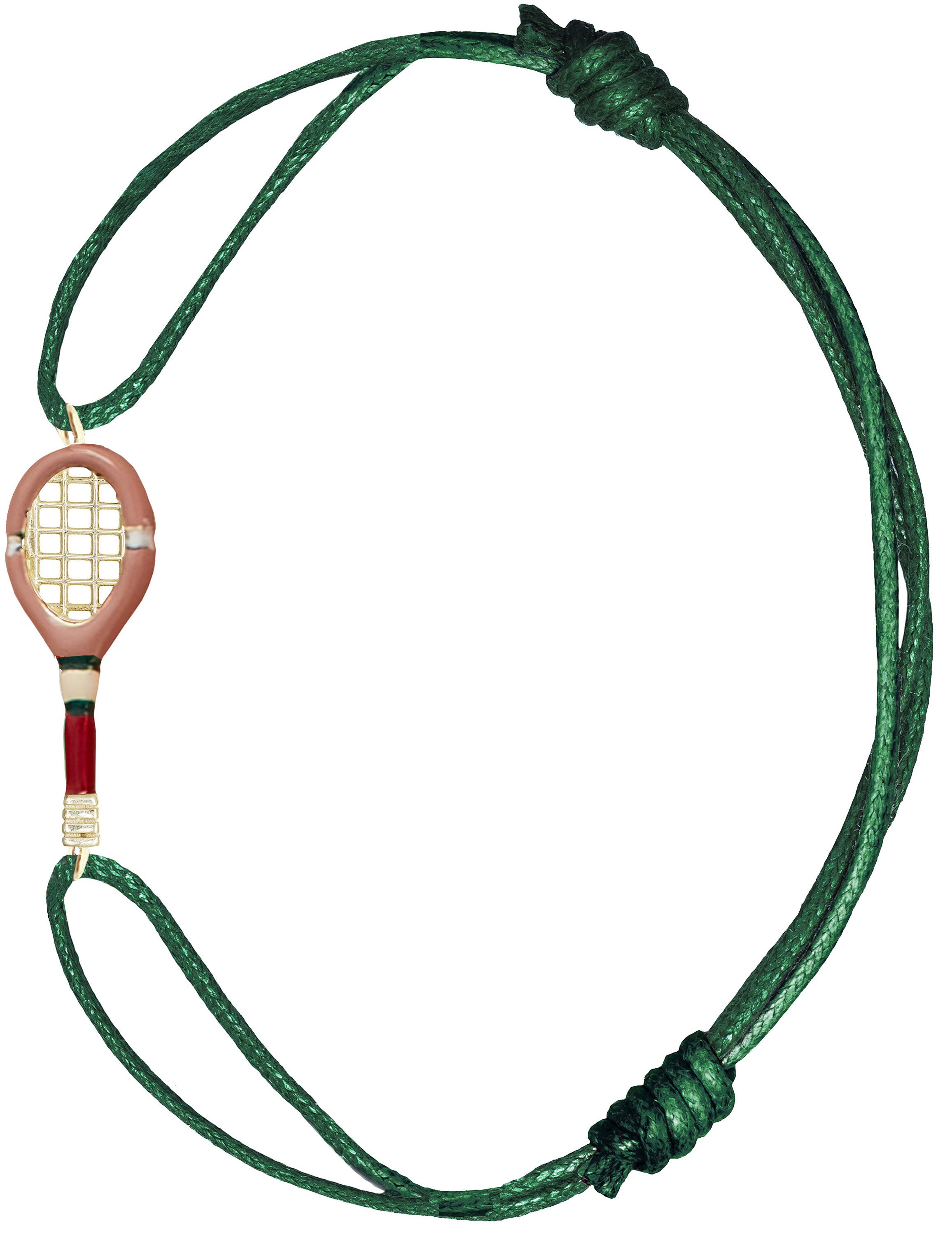 Bottle green cord bracelet with pink tennis racquet shaped gold pendant 