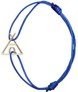 Blue cord bracelet with gold indian tent shaped pendant