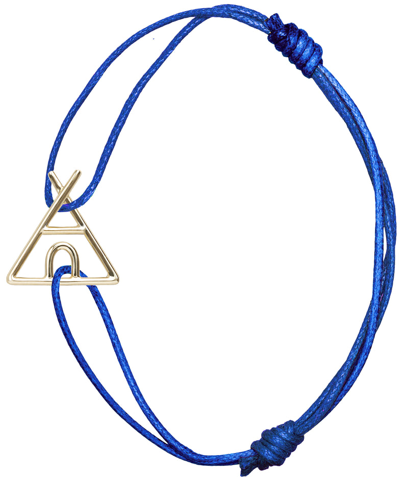 Blue cord bracelet with gold indian tent shaped pendant