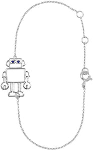 White gold chain bracelet with small robot shaped pendant with blue sapphires as eyes