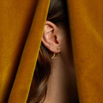Gold dinosaur shaped earring worn by model under curtains