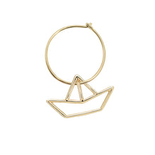 Load image into Gallery viewer, Gold hoop earring with little boat shaped pendant
