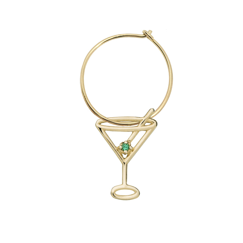 Gold hoop earring with martini drink shaped pendant and small emerald