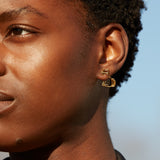 Seated cat shaped earring worn by woman