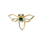 Gold dragonfly shaped earring hand-painted in green enamel and blue sapphires as eyes