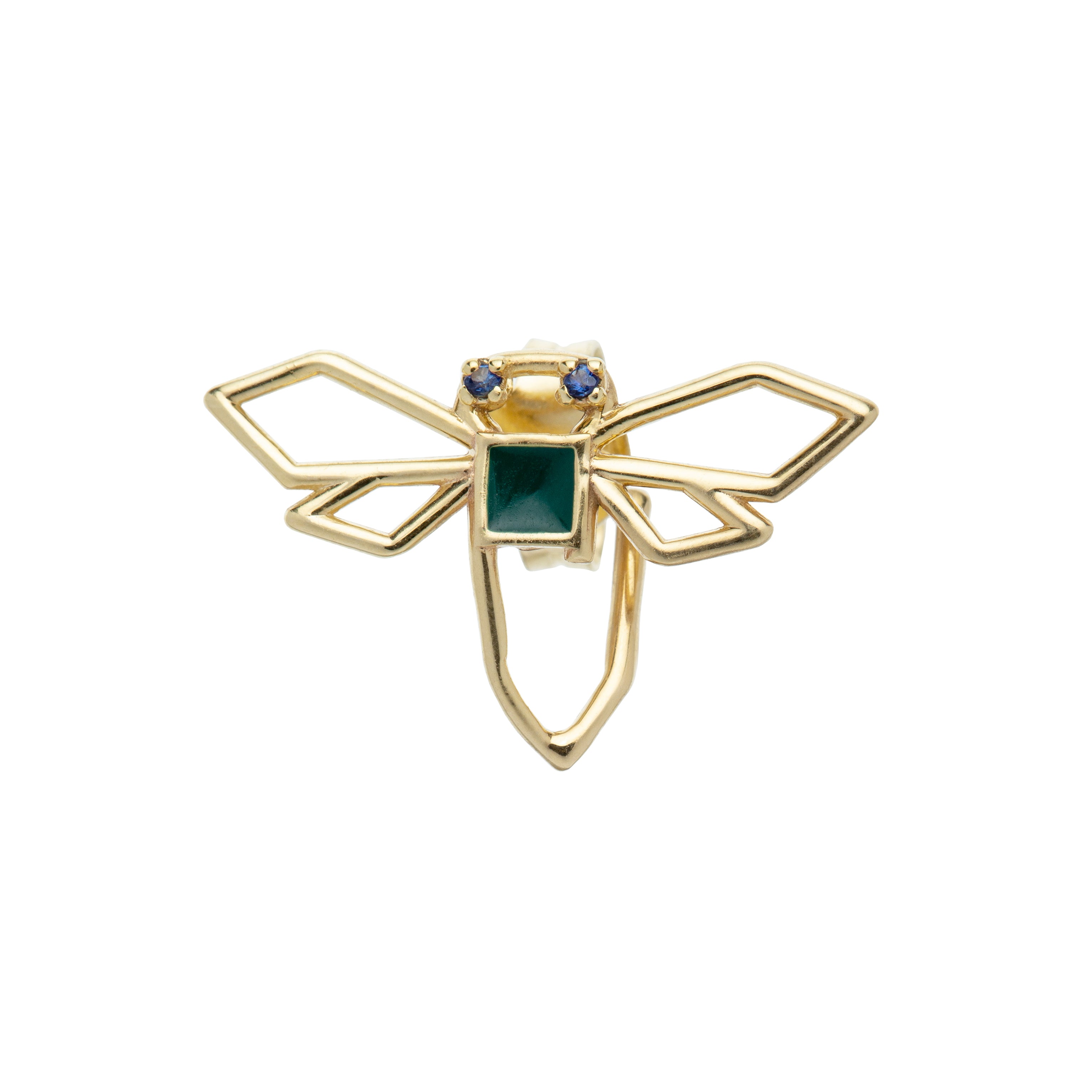 Gold dragonfly shaped earring hand-painted in green enamel and blue sapphires as eyes
