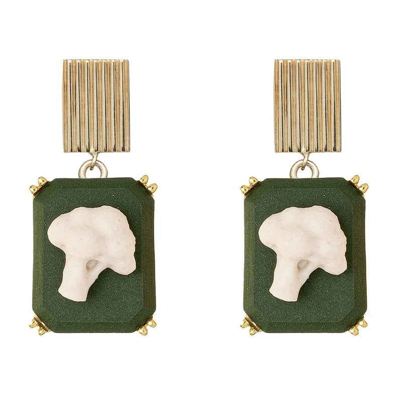 Gold earrings with broccoli shaped cameo in green porcelain