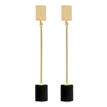 Load image into Gallery viewer, Gold long earrings with cylinder cut black agate
